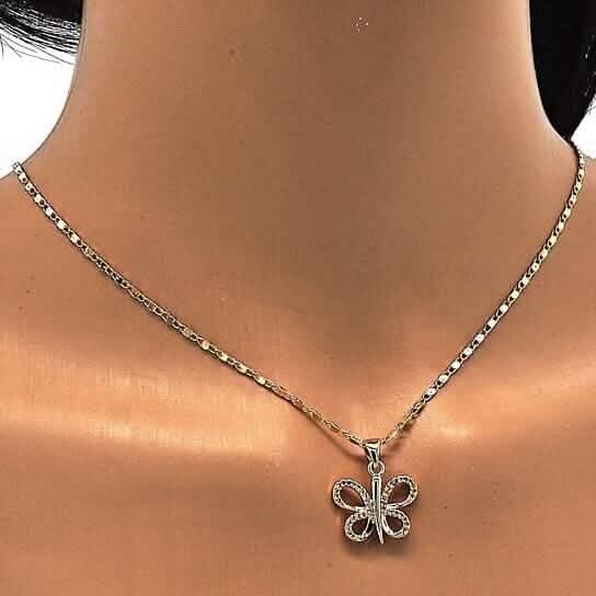 Gold Filled Fancy Necklace Butterfly Design with White Micro Pave Polished Finish Golden Tone