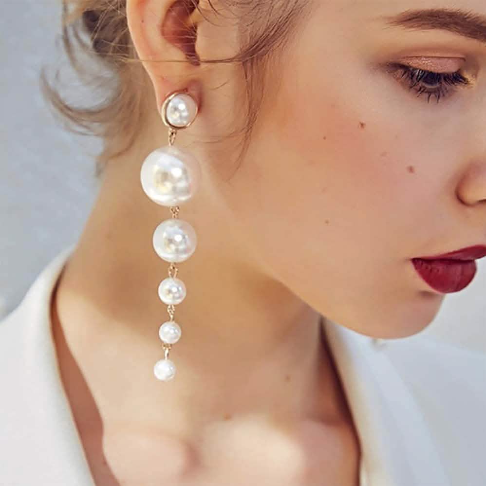 Gold Long Fringe Pearl Earrings