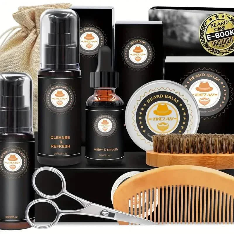 Grooming Kit w/Beard Conditioner, Oil, Balm, Brush, Wash, Comb, Scissor, Bag, E-Book