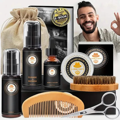 Grooming Kit w/Beard Conditioner, Oil, Balm, Brush, Wash, Comb, Scissor, Bag, E-Book