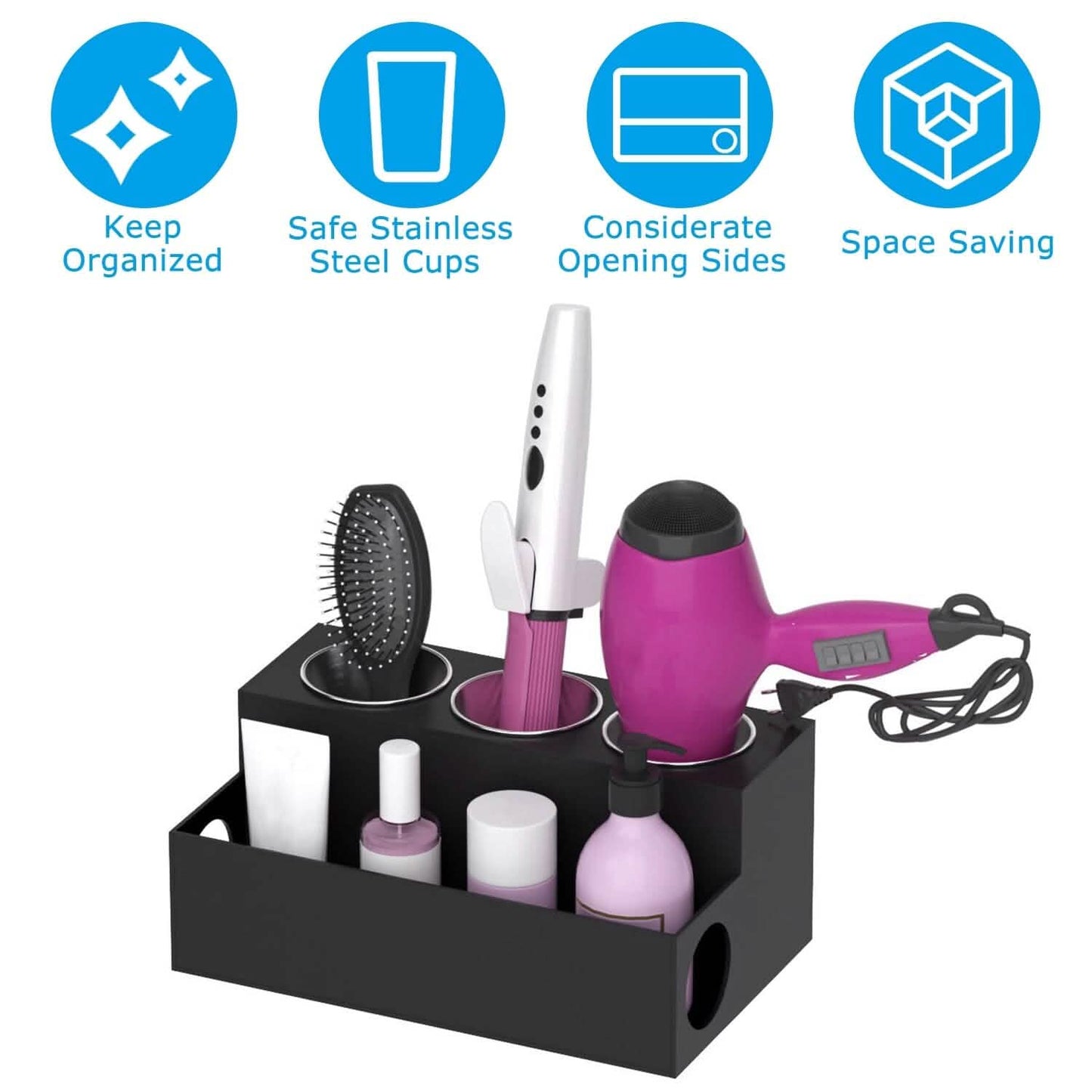 Hair Dryer Organizer with 3 Stainless Steel Cups