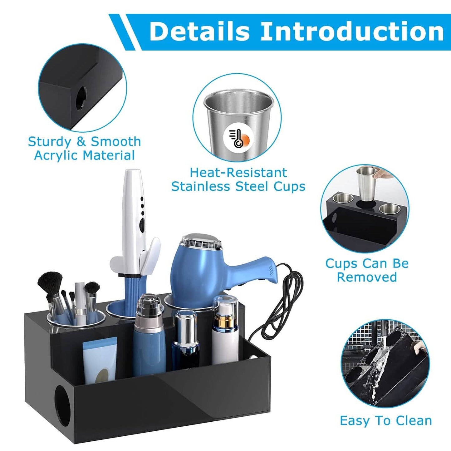 Hair Dryer Organizer with 3 Stainless Steel Cups