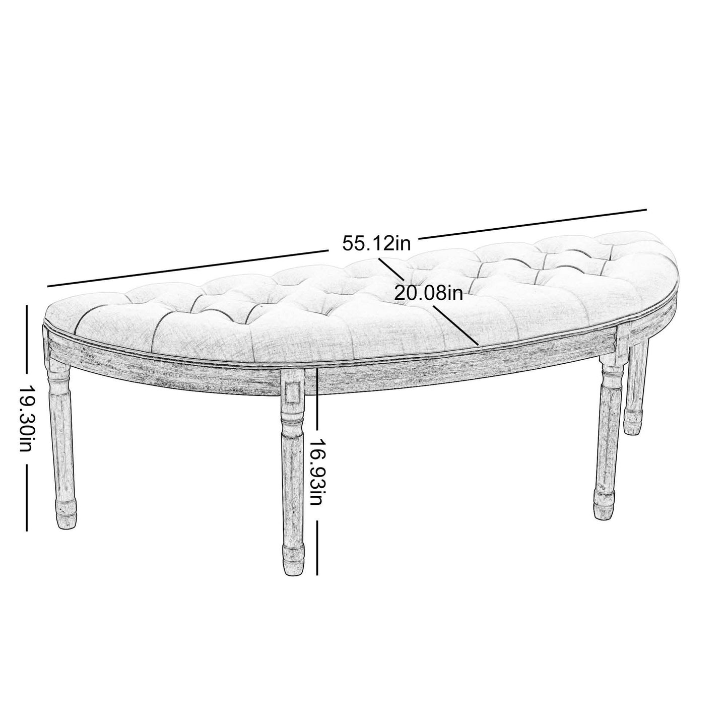 Half Moon French Vintage Bench with Padded Seat & Rubberwood Legs