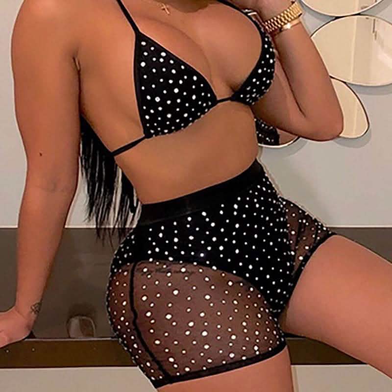 Halter See Through Sequins Mesh Bra & Shorts