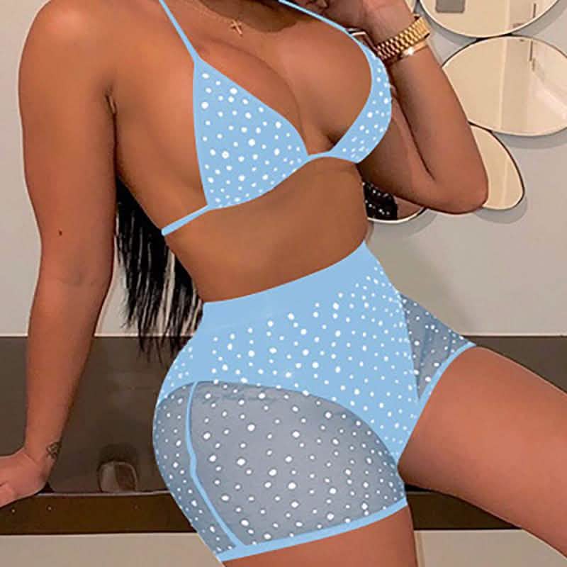 Halter See Through Sequins Mesh Bra & Shorts