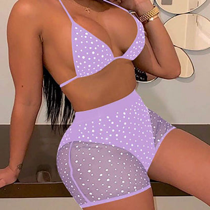 Halter See Through Sequins Mesh Bra & Shorts