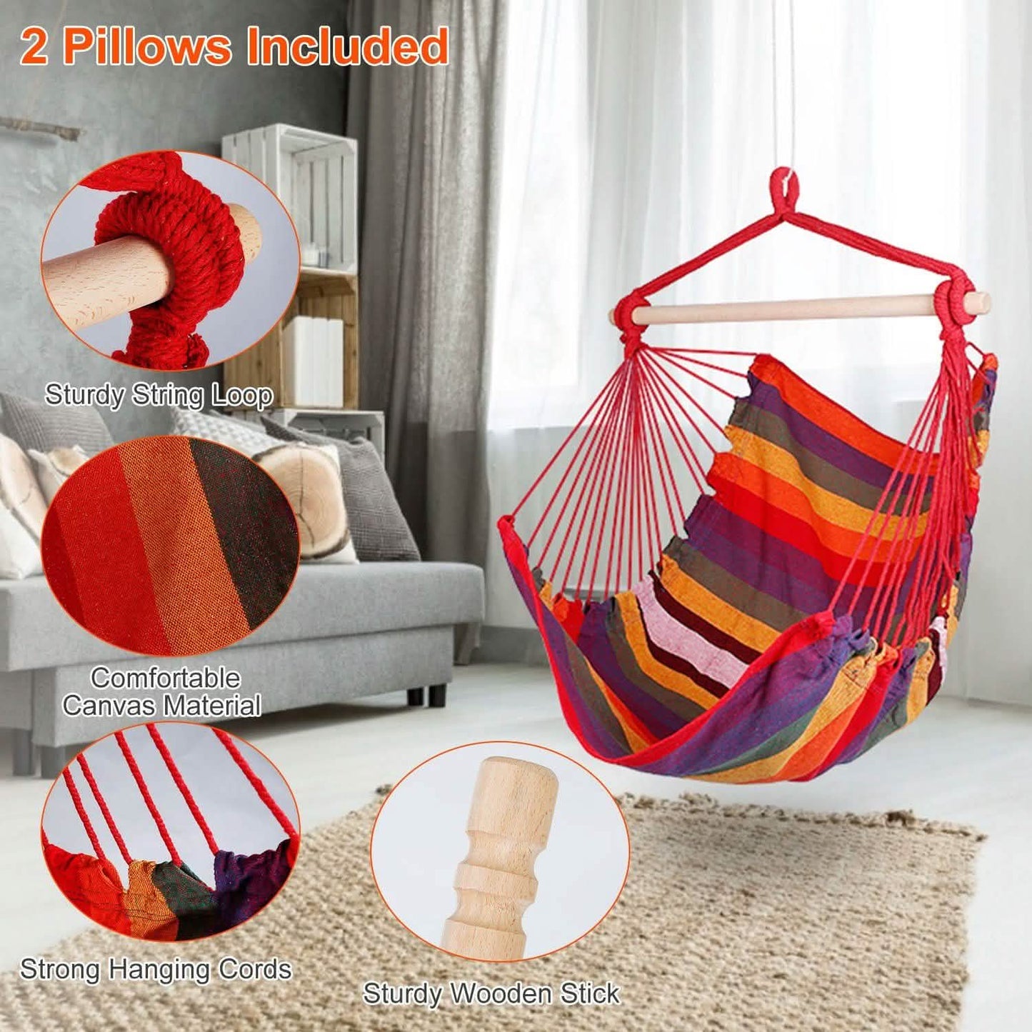 Hammock Hanging Chair Canvas with 2 Pillows