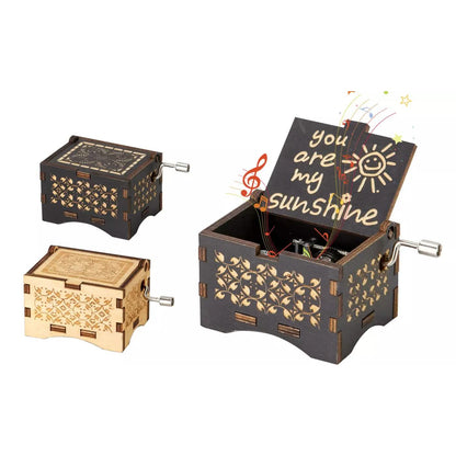 Hand Crank Vintage Wood Carved Sunshine Musical Box