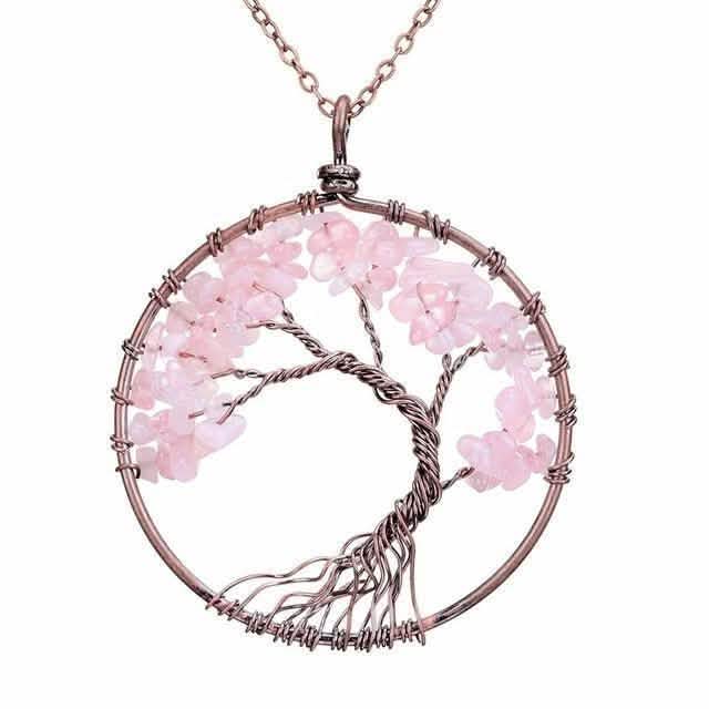 Handmade Genuine Gemstone Chakra Tree of Life Pendant Necklace - Color: Pink