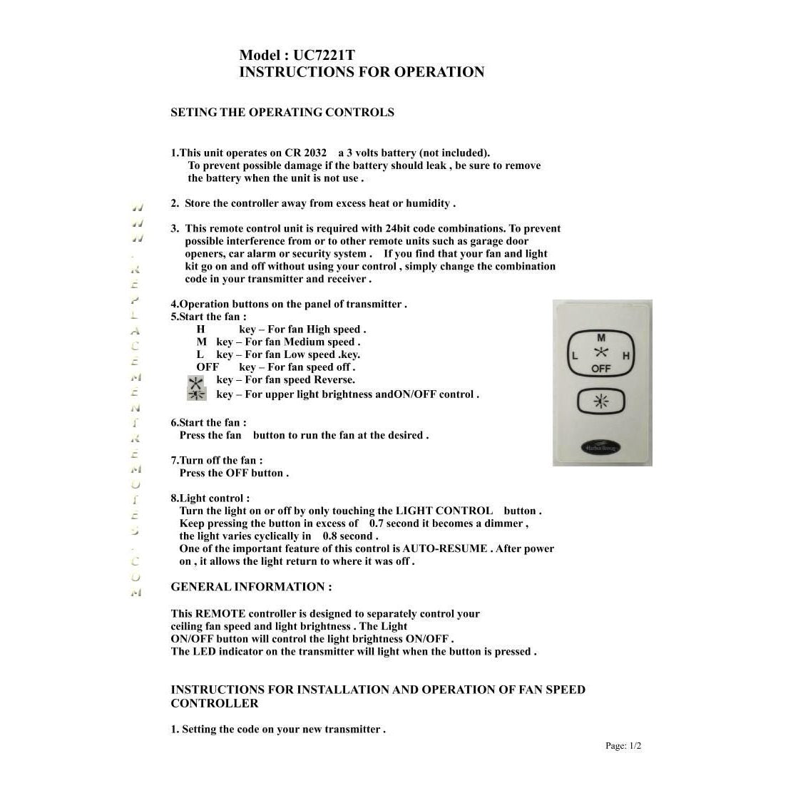Substitute for Harbor Breeze UC7221T CHQ7221T Ceiling Fan Remote Control [RR7221T]
