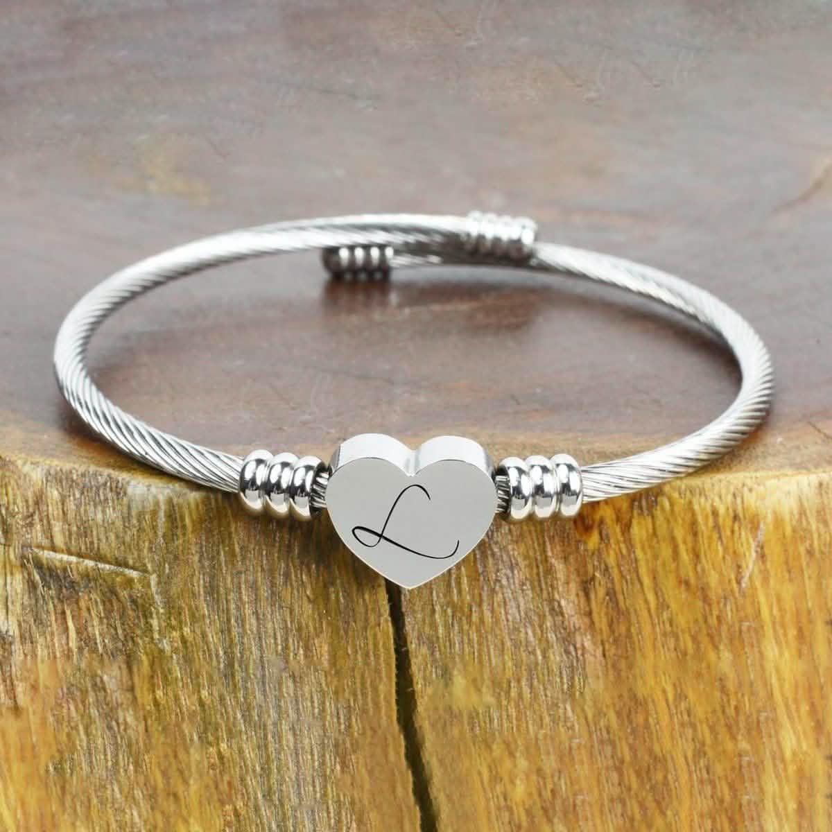 Heart Cable Initial Bracelet Hypoallergenic and Adjustable