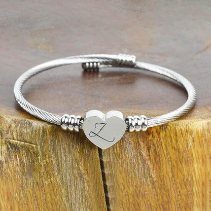Heart Cable Initial Bracelet Hypoallergenic and Adjustable