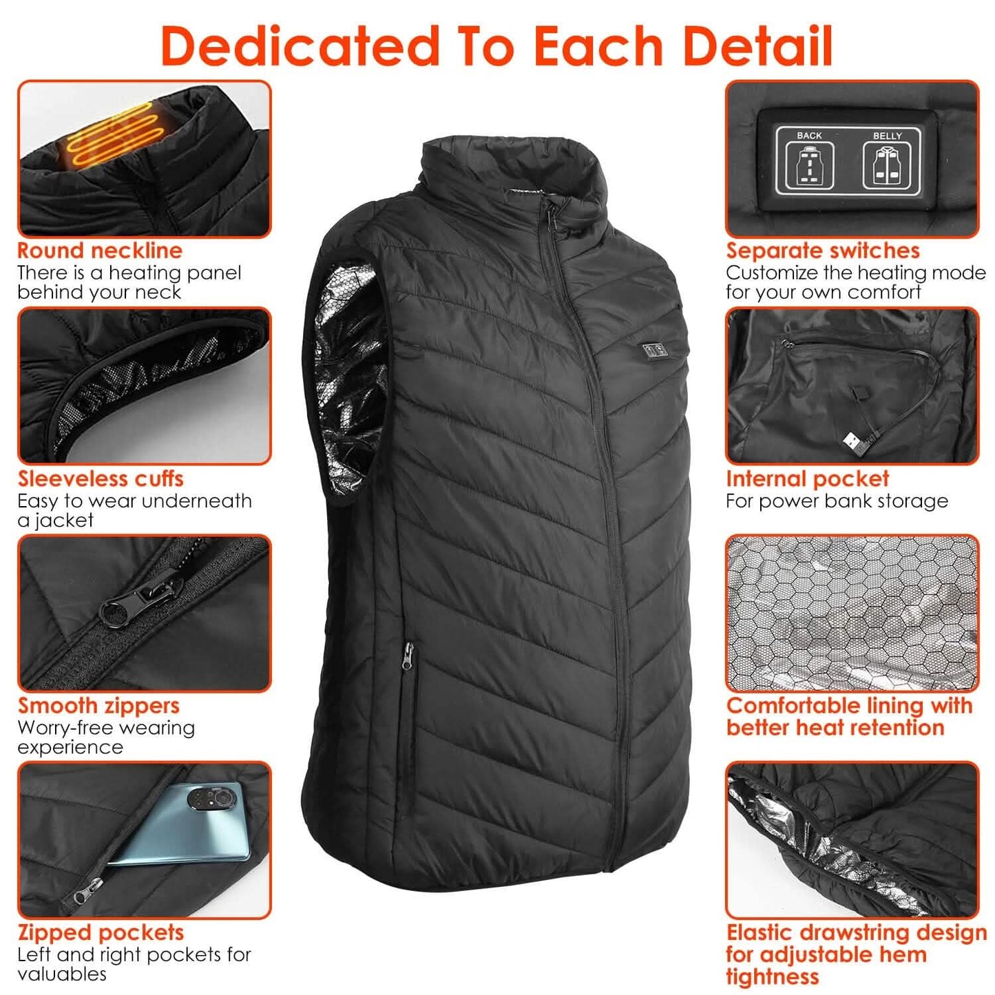 Heated Vest Electric USB Jacket with 3 Temperature Levels