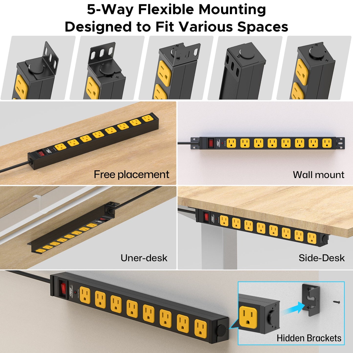 CRST 8-Outlet Mountable Metal Power Strip | 4-Way Bracket Mount, 2100J