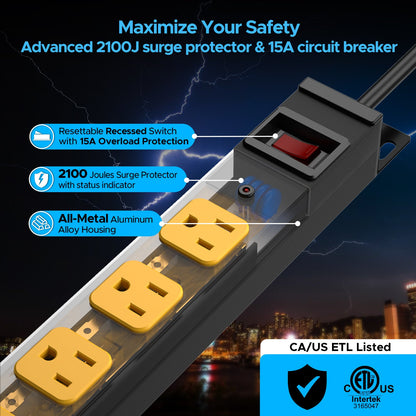 CRST 8-Outlet Mountable Metal Power Strip | 4-Way Bracket Mount, 2100J