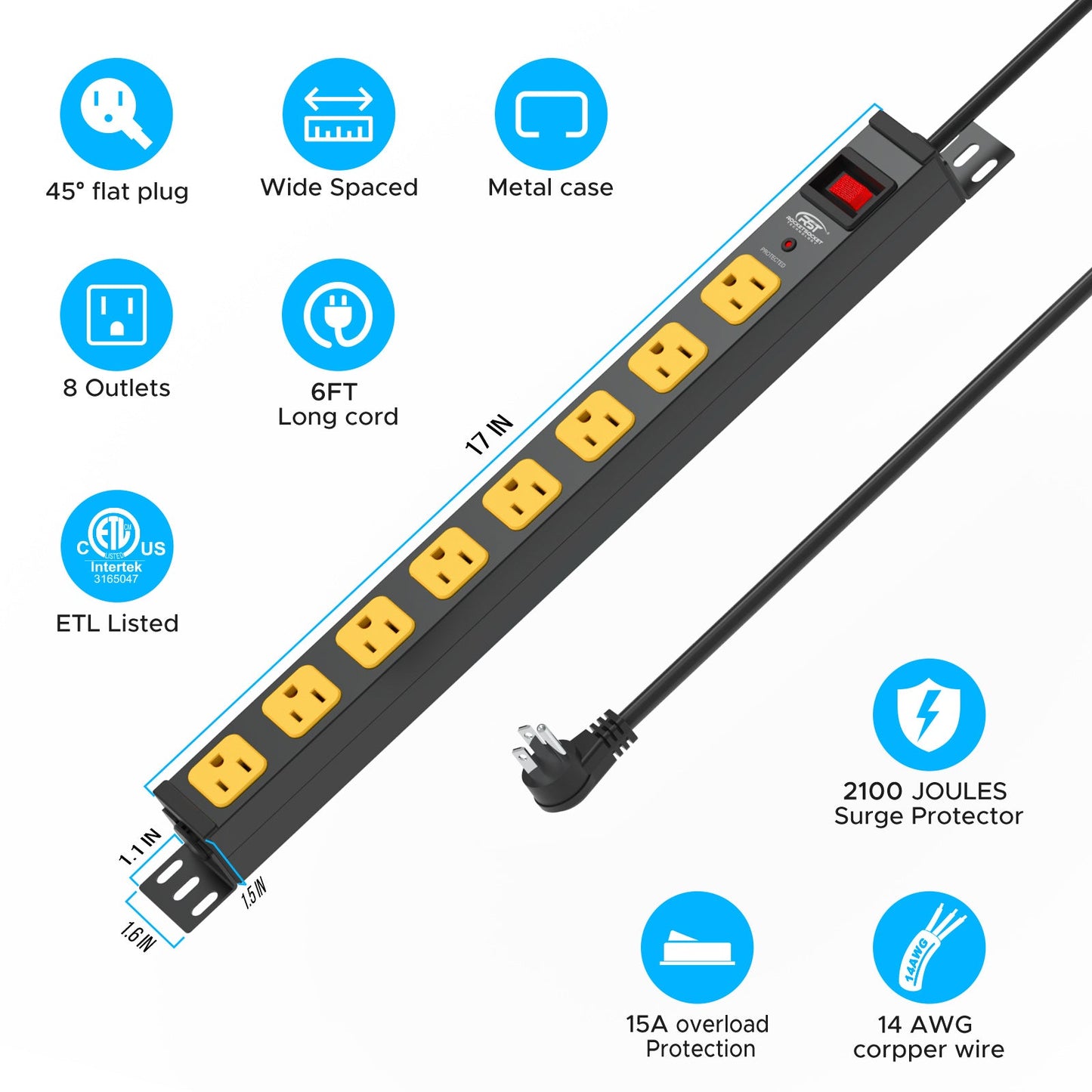 CRST 8-Outlet Mountable Metal Power Strip | 4-Way Bracket Mount, 2100J