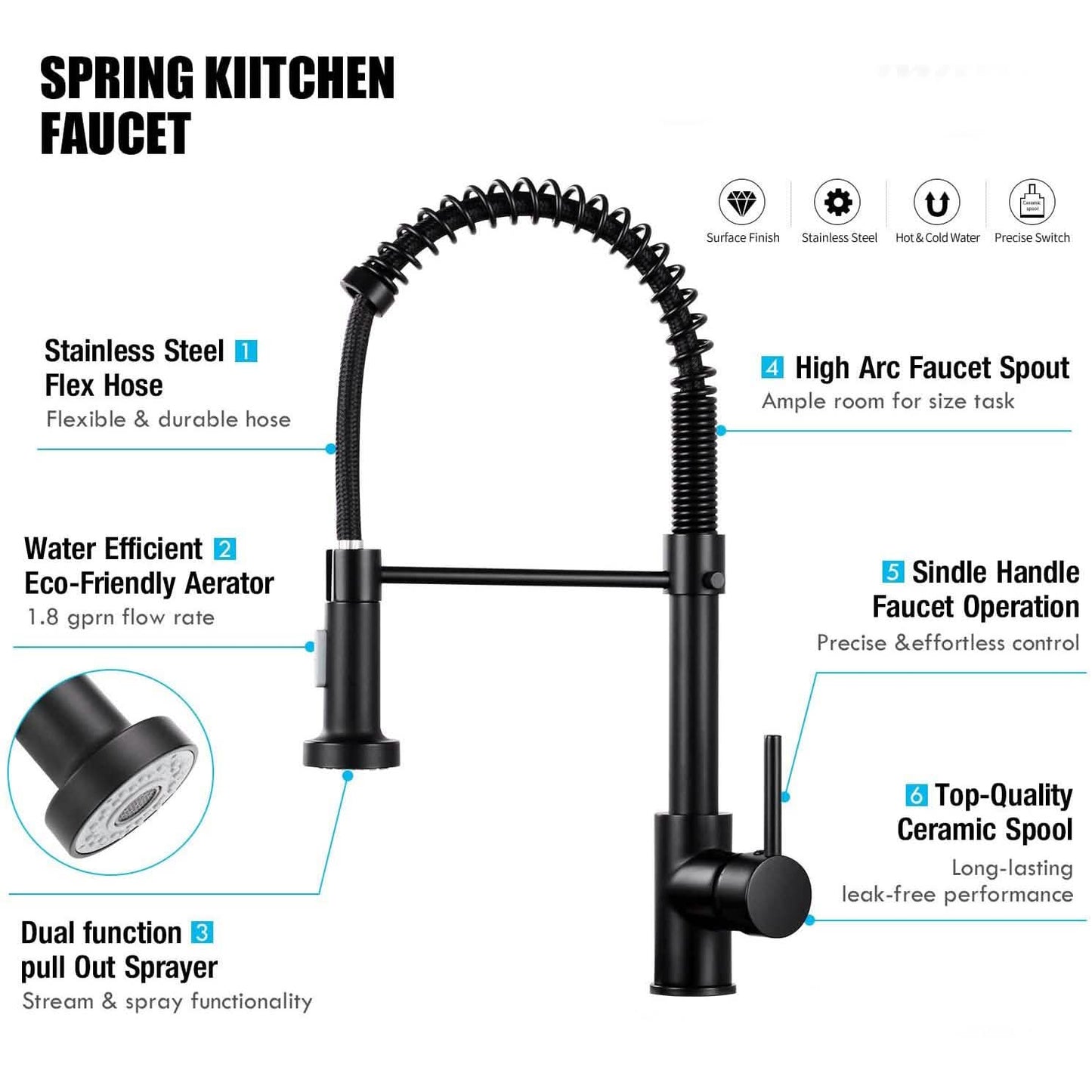High Arc Spring Kitchen Sink Faucet