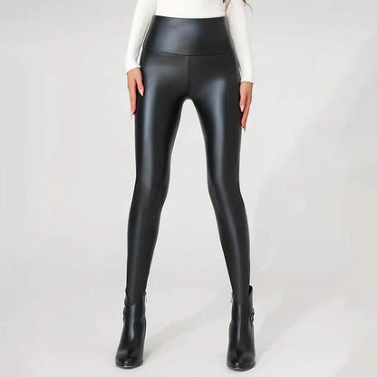 High Waisted Faux PU Leather Plush Lined Elastic Slim Leggings