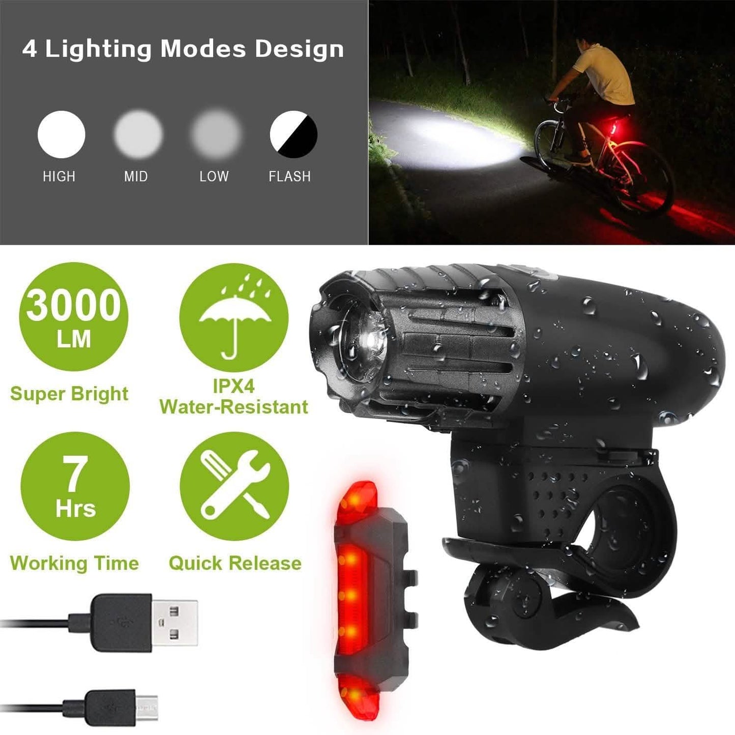iMounTEK Bike Front Flashlight IPX4 Water-Resistant with Tail Warning/Safety LED Lamp