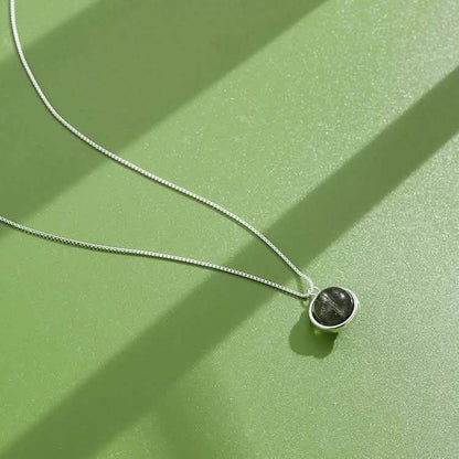 INALIS - 925 Sterling Silver Round Pendant Black Moonstone Necklace