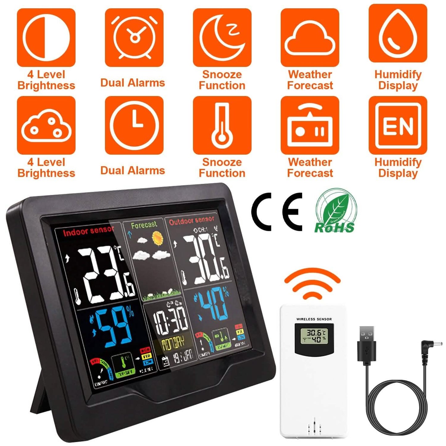 Indoor/Outdoor Thermometer Humidity Weather Forecast Temperature with Backlight