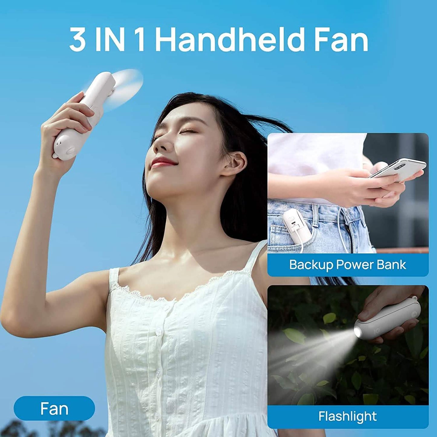 JISULIFE 3-in-1 Portable Small Pocket Fan with Power Bank