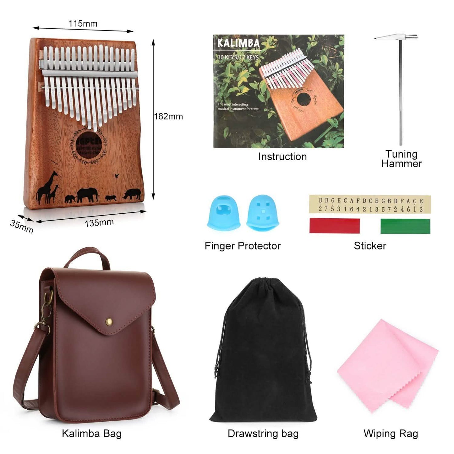 Kalimba 17 Keys Thumb Piano with Tuning Hammer and Bag