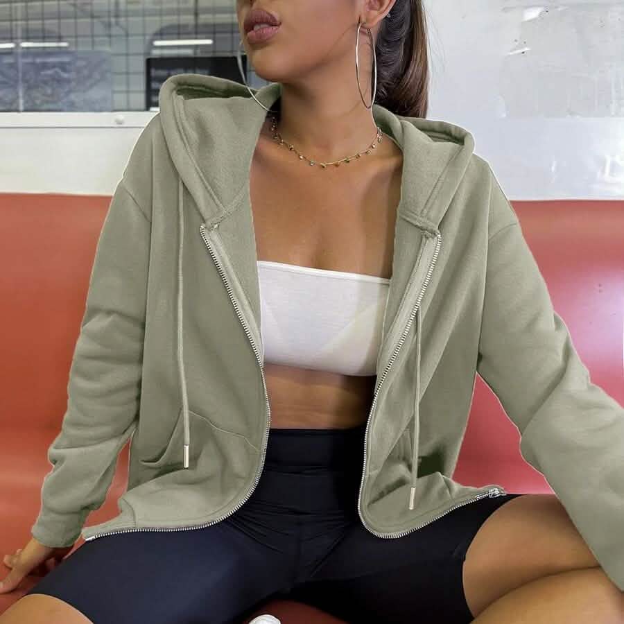 Kangaroo Pocket Drop Shoulder Zip-up Hooded Sweatshirt