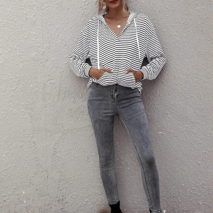Kangaroo Pocket Striped Drawstring Hoodie