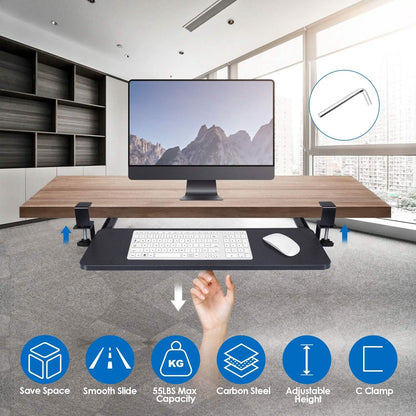 Keyboard Mouse Tray Under Desk Retractable Slide Out Drawer with C Clamp