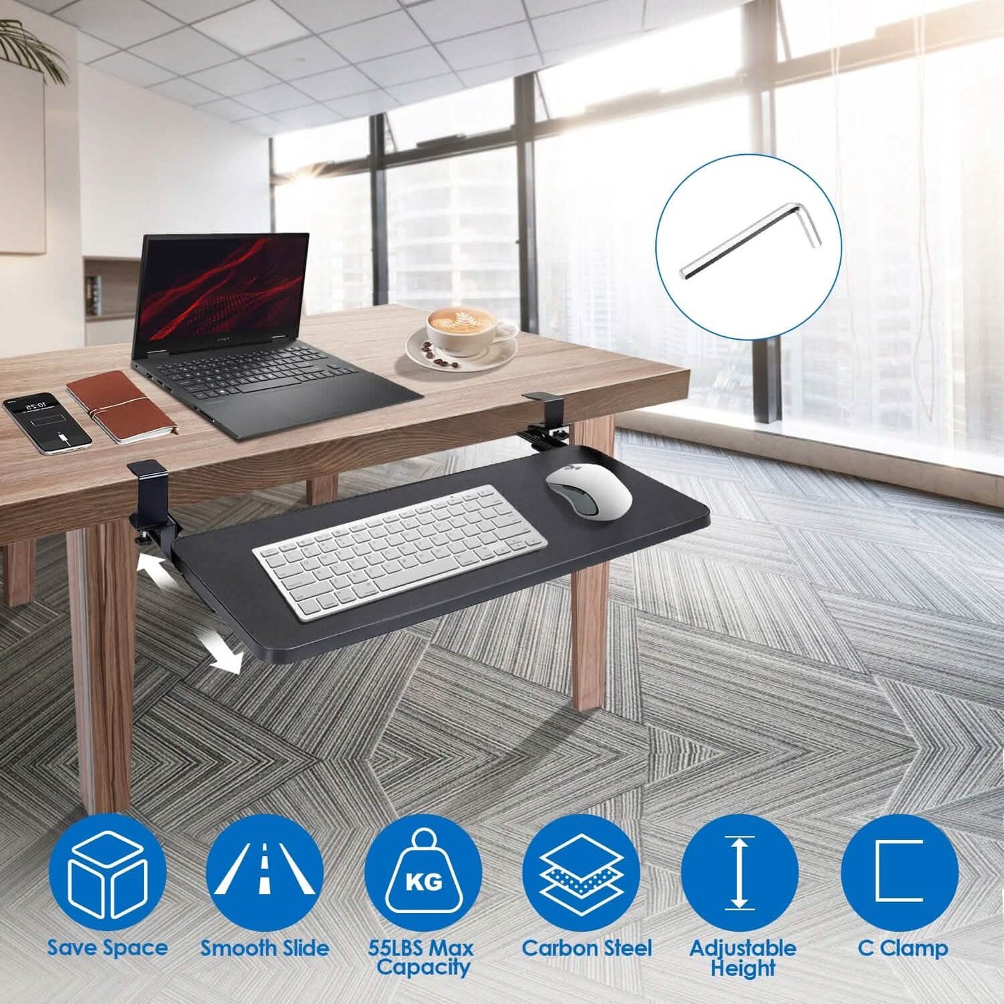 Keyboard Mouse Tray Under Desk Retractable Slide Out Drawer with C Clamp