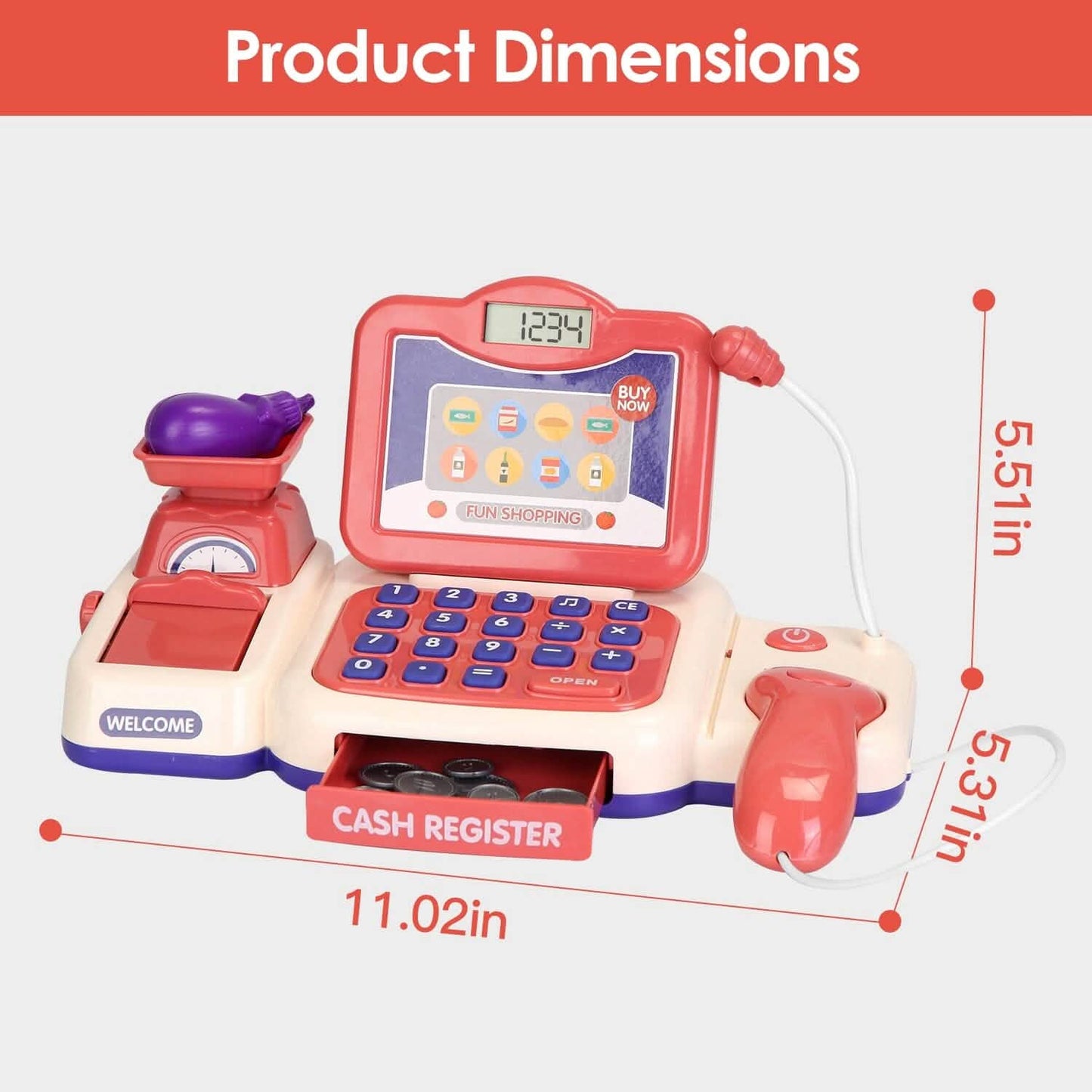 Kids Cash Register Pretend Play Cashier Toy with Scanner Calculator
