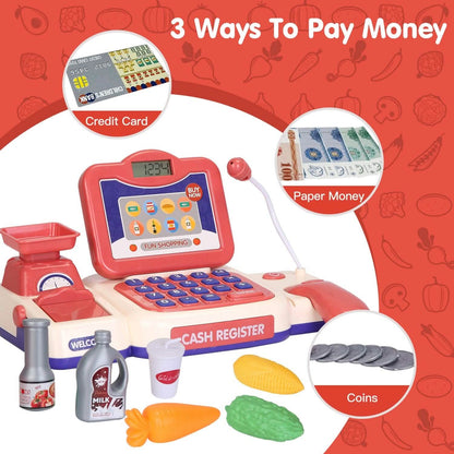 Kids Cash Register Pretend Play Cashier Toy with Scanner Calculator
