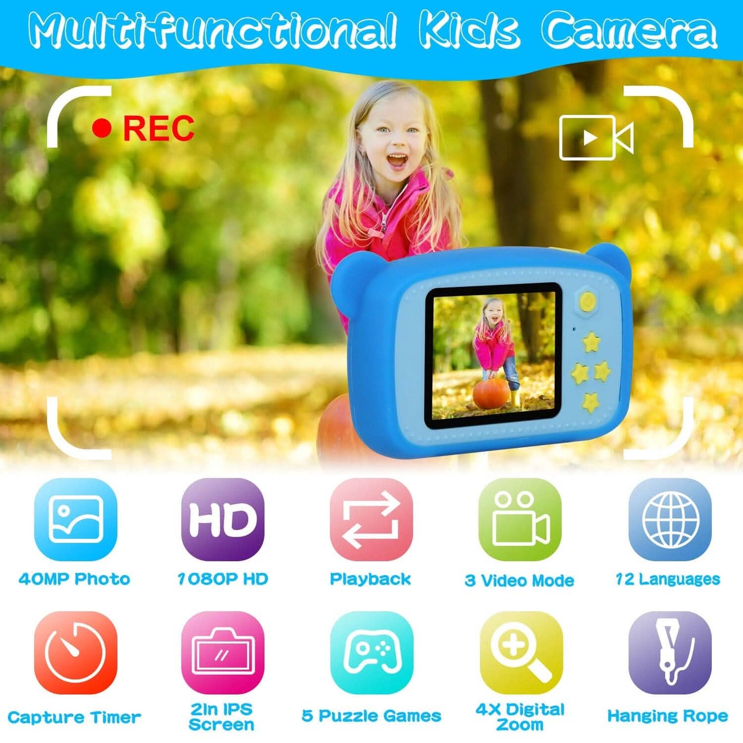 Kids Digital Camera with 2" Screen 4x Digital Zoom