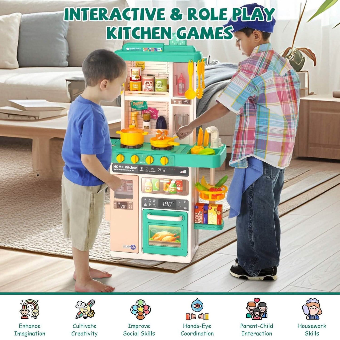 Kids Kitchen Play Set Interactive Pretend Kitchen Toys Cookware
