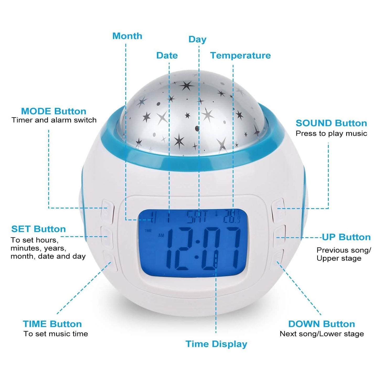 Kids Music Star Sky LED Projection Lamp Digital Alarm Clock