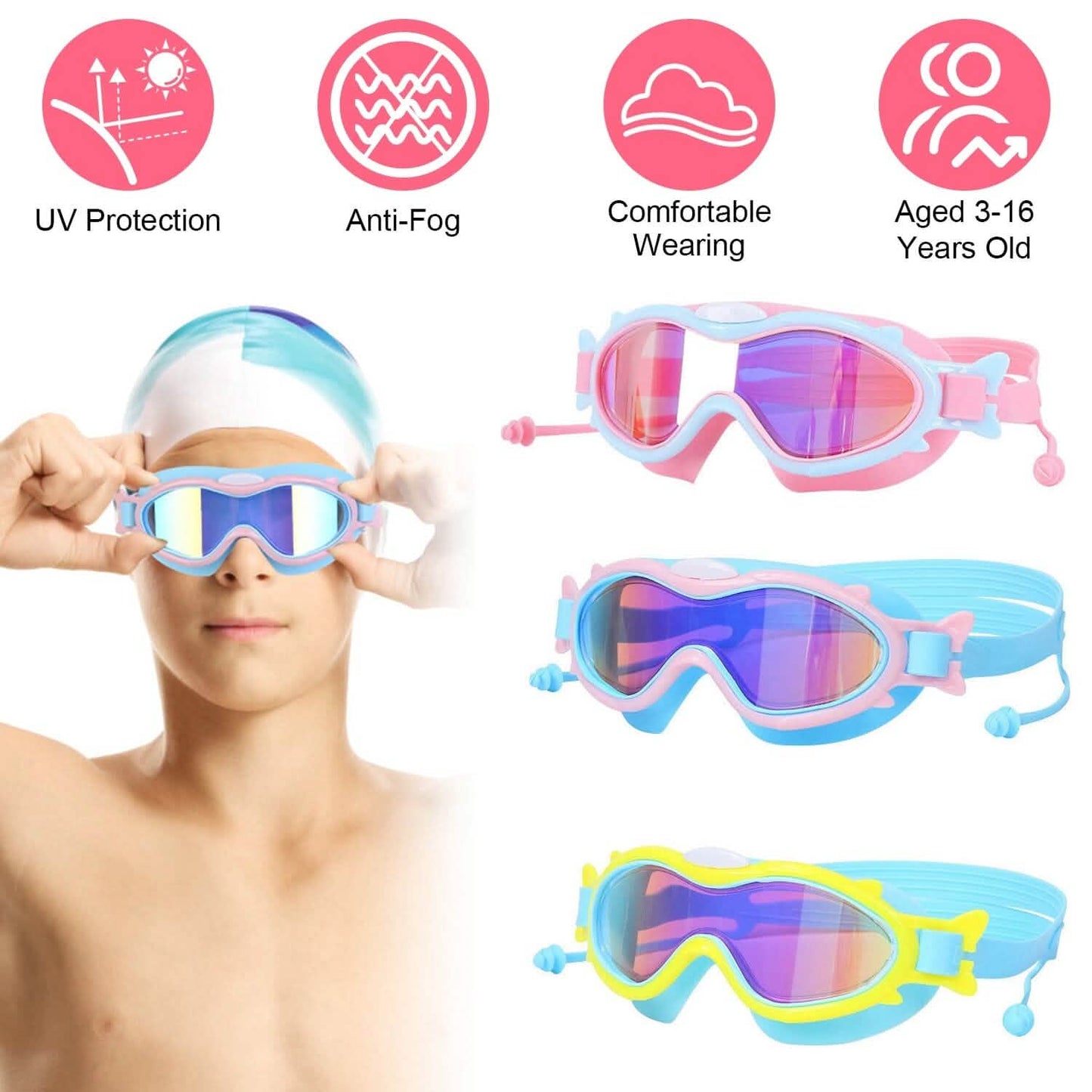 Kids Swim Goggles with Ear Plugs UV Protection Anti-Fog Leak Proof