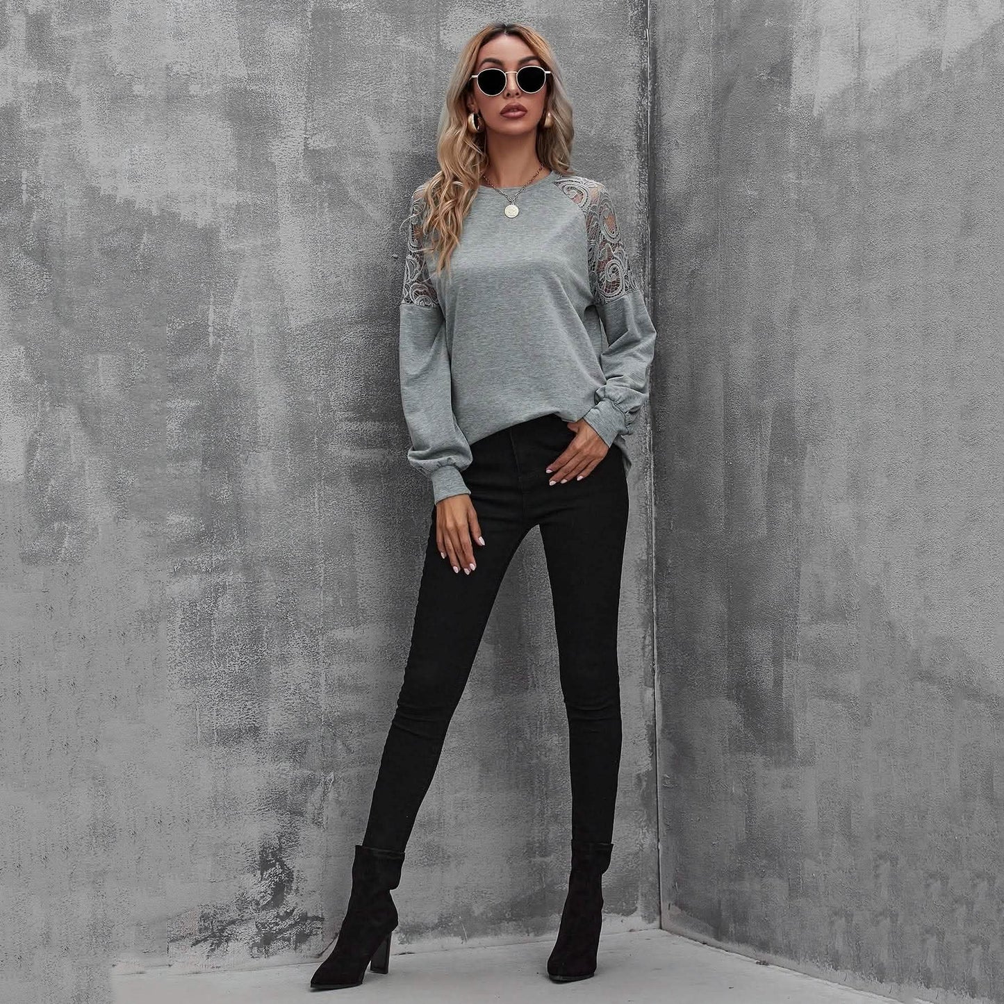Lace Insert Raglan Sleeve Pullover
