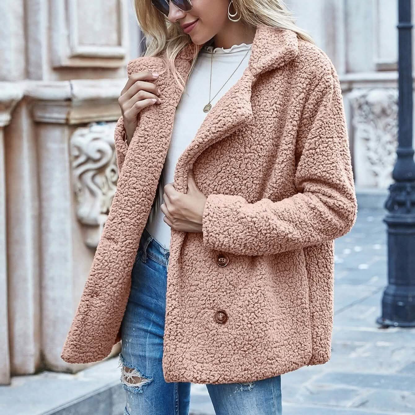 Lapel Collar Double Button Teddy Coat
