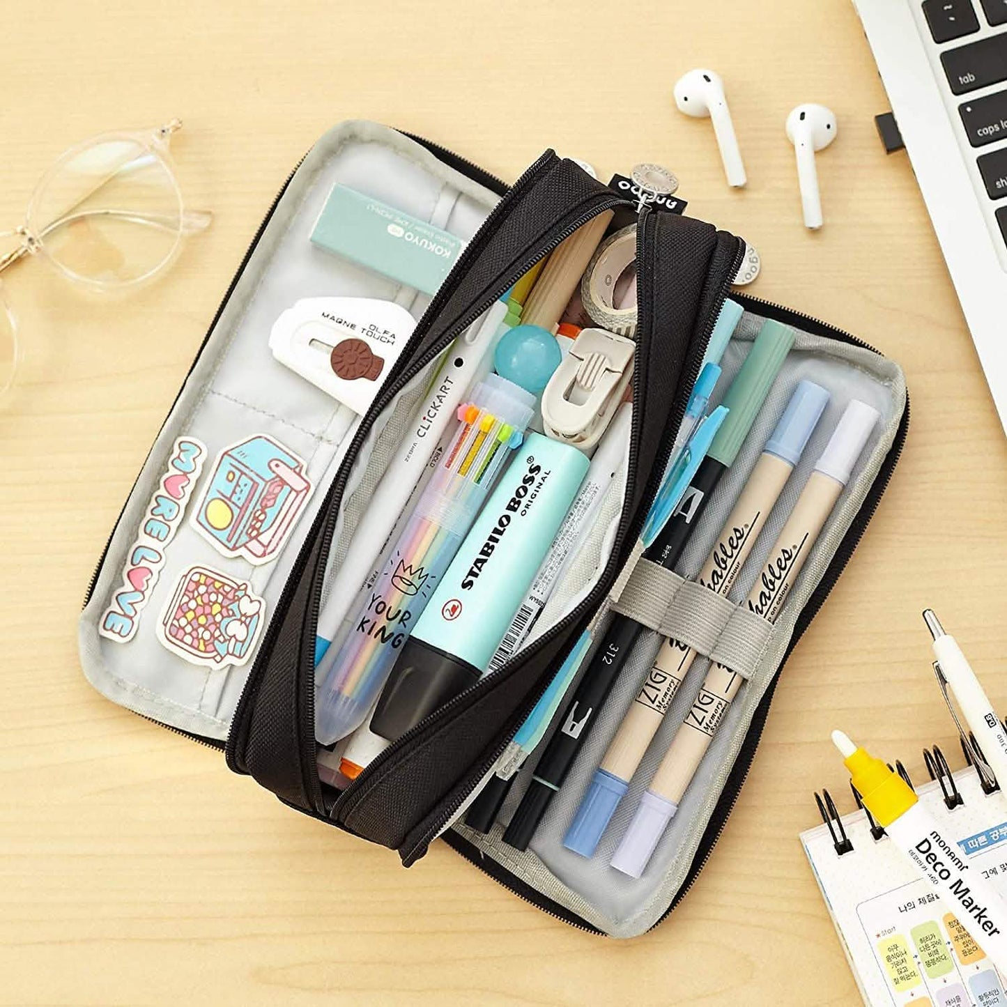 Large Capacity 3 Compartment Pouch Pencil Case