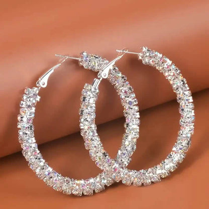 Large Full Rhinestone Silver Hoop Earrings