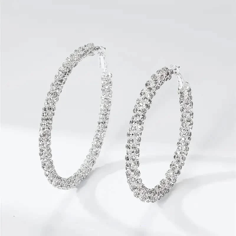 Large Full Rhinestone Silver Hoop Earrings