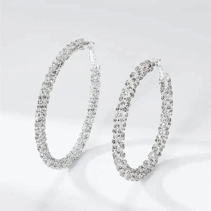 Large Full Rhinestone Silver Hoop Earrings