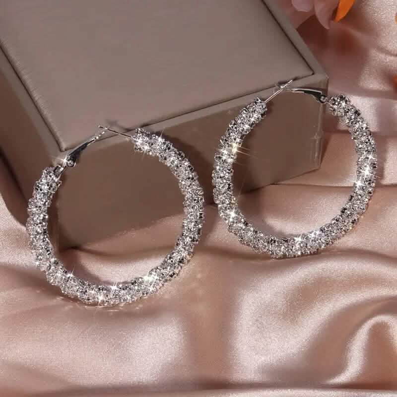 Large Full Rhinestone Silver Hoop Earrings