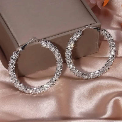 Large Full Rhinestone Silver Hoop Earrings