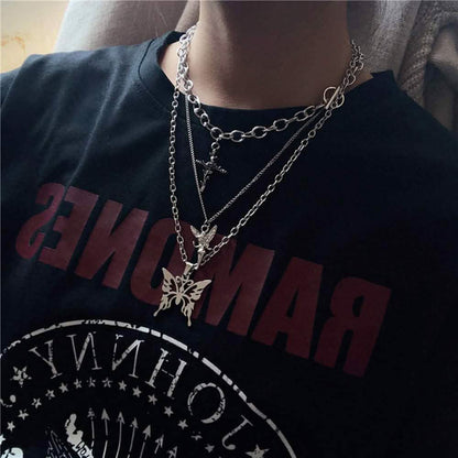 Layered Butterfly Cross Angel Pendant Necklace