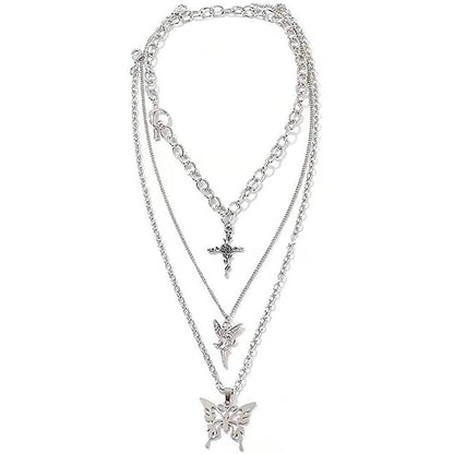 Layered Butterfly Cross Angel Pendant Necklace