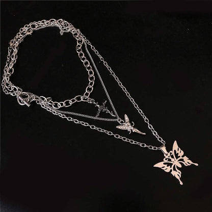 Layered Butterfly Cross Angel Pendant Necklace