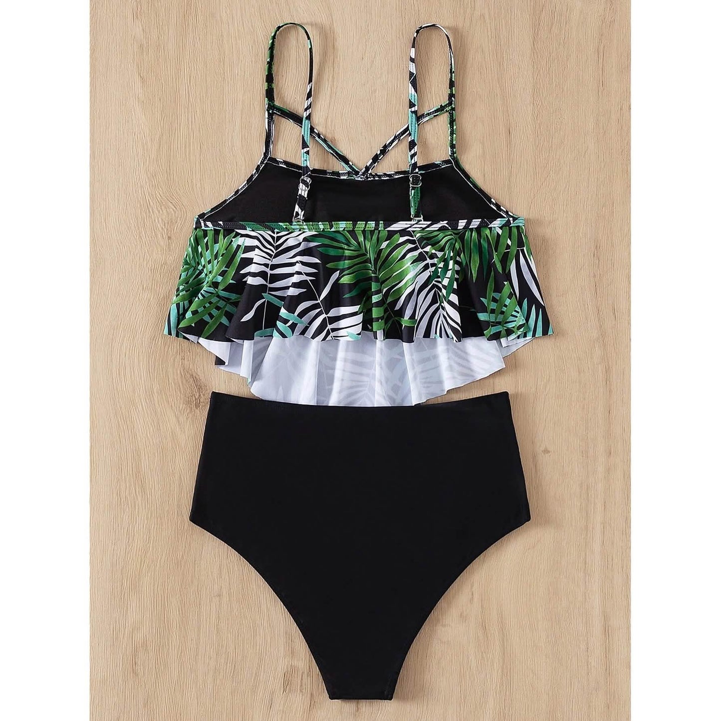 Leaf Print Hanky Hem High Waisted Bikini Swimsuit