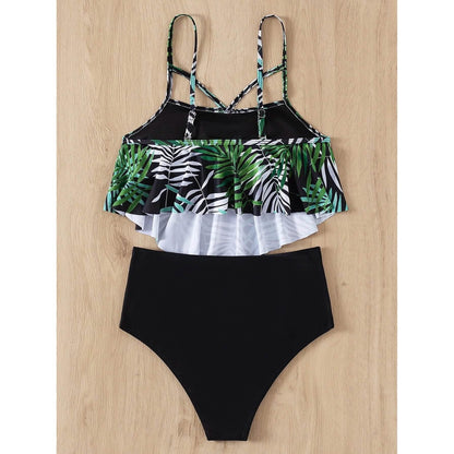 Leaf Print Hanky Hem High Waisted Bikini Swimsuit